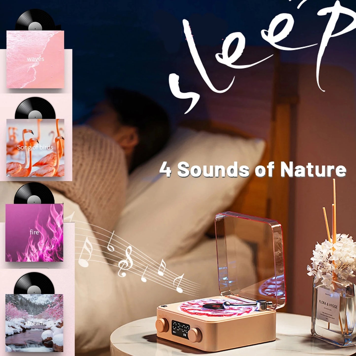Retro Record Player Night Light with Bluetooth Speaker & White Noise – RGB Mood Lamp Sleep Aid